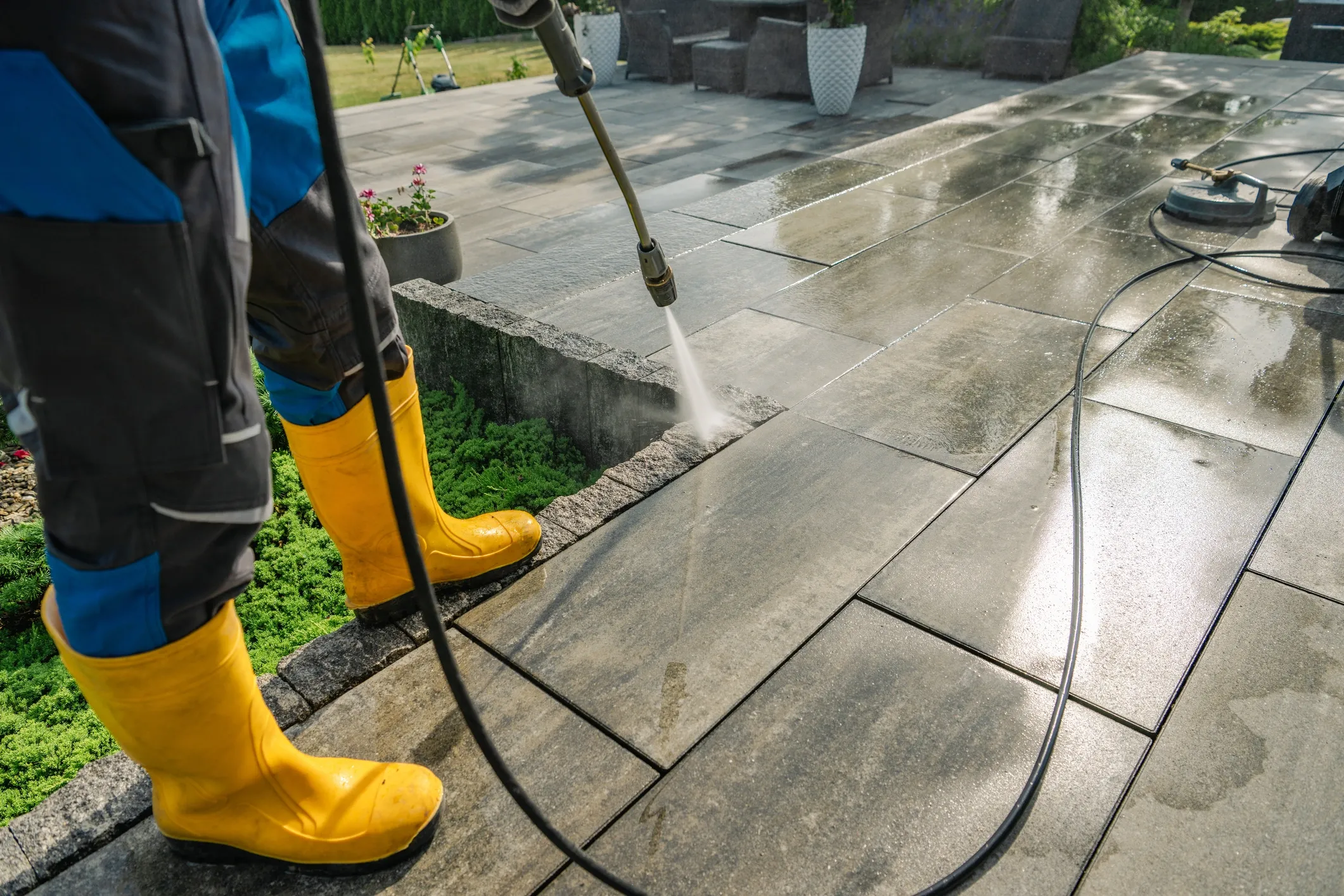 Worker pressure washing patio tiles