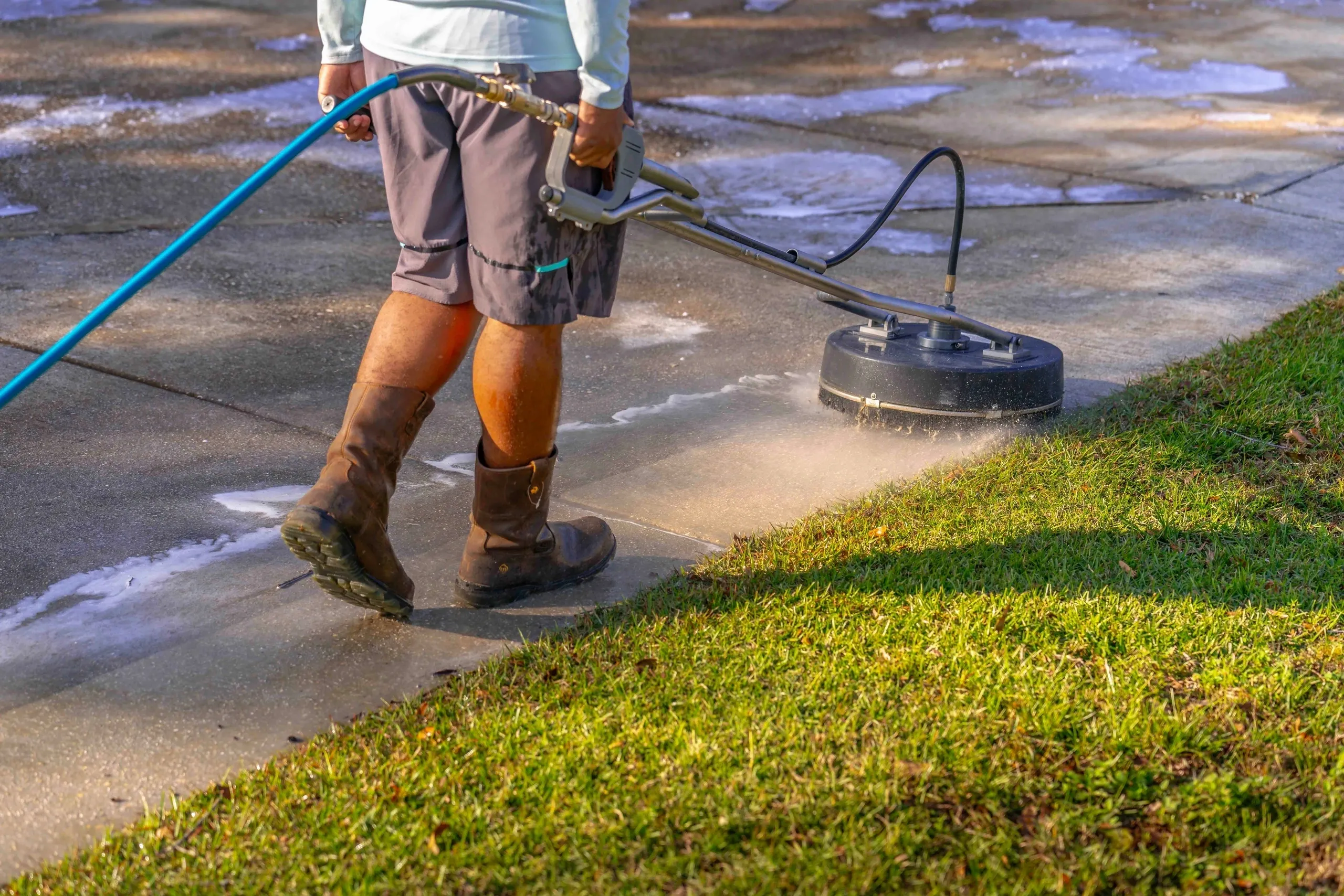 Pressure washing brick pavement